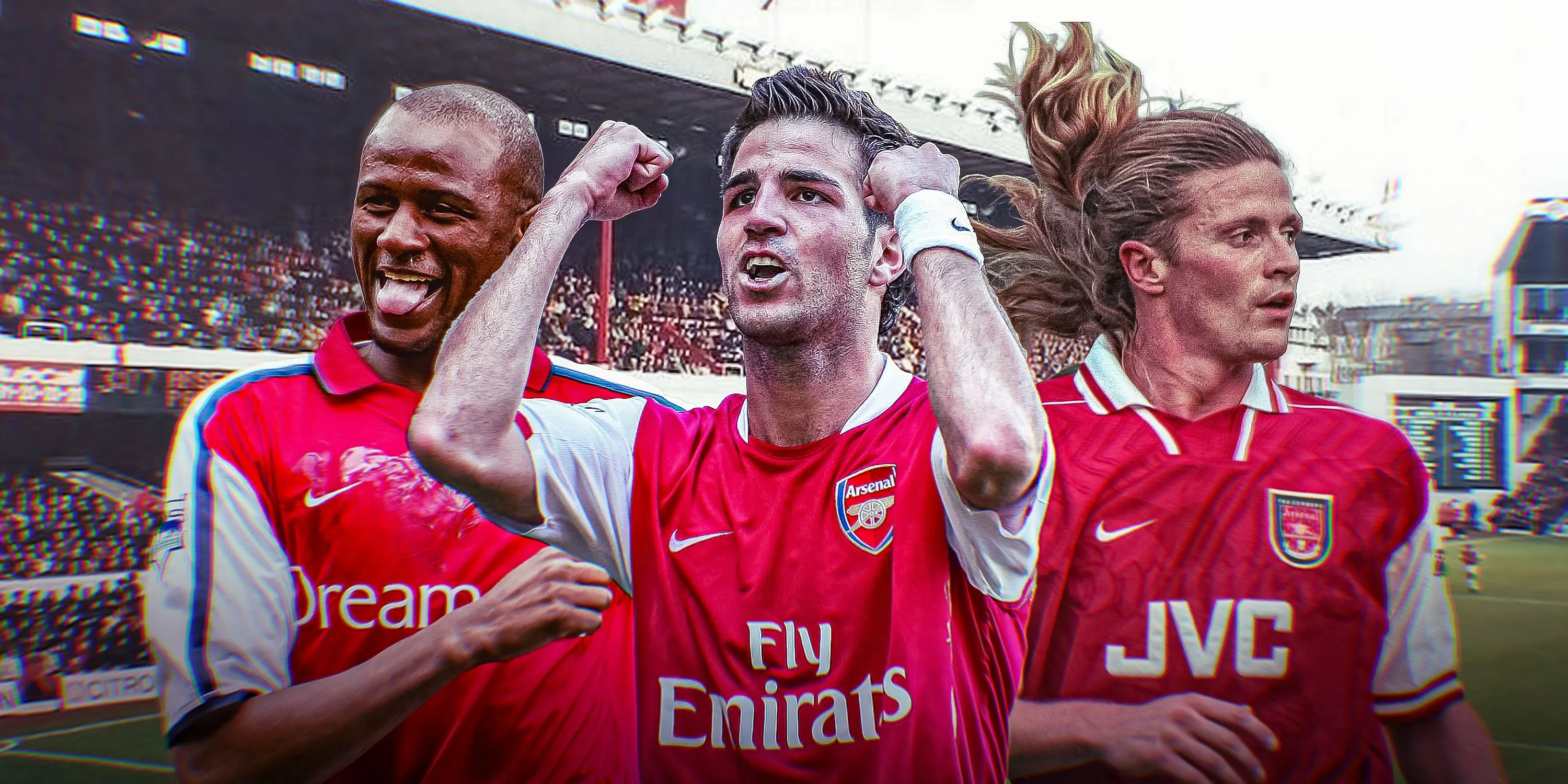 Các huyền thoại tiền vệ Arsenal: Patrick Vieira, Cesc Fabregas và Emmanuel Petit trên nền sân Highbury
