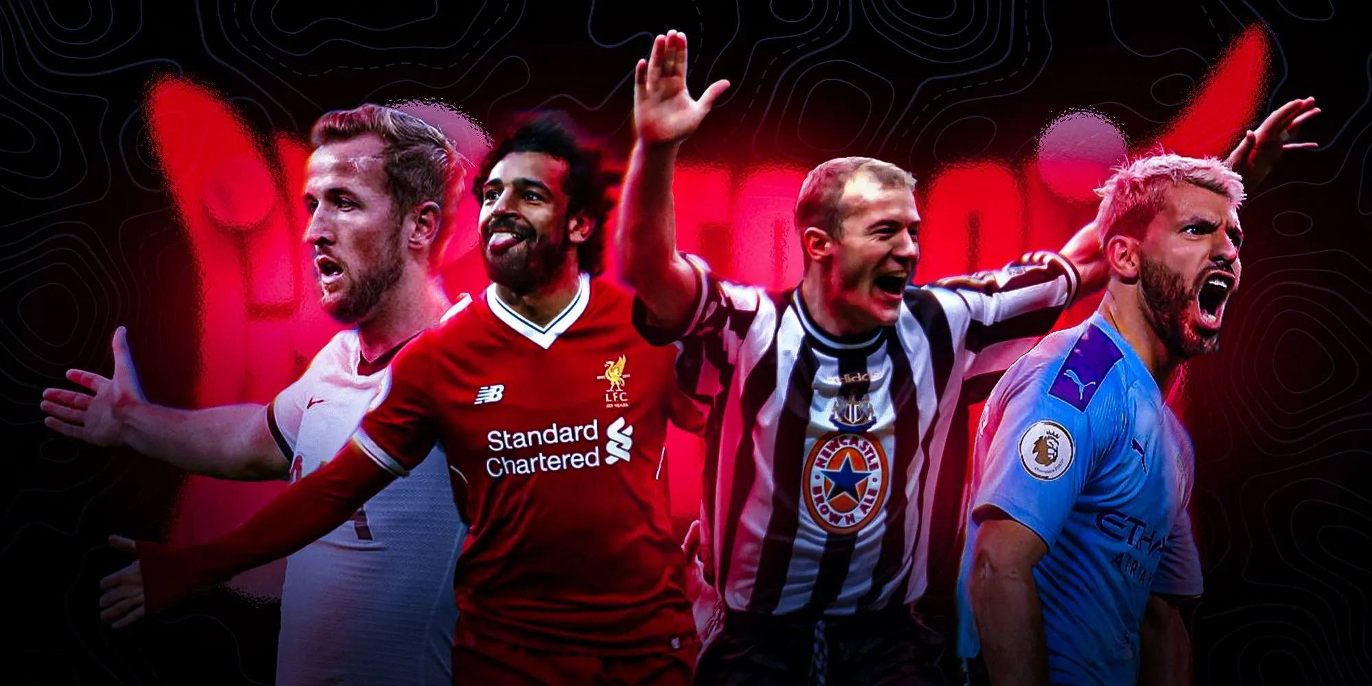 Hình ảnh Sergio Aguero cùng các chân sút hàng đầu Ngoại hạng Anh như Harry Kane, Mohamed Salah, và Alan Shearer